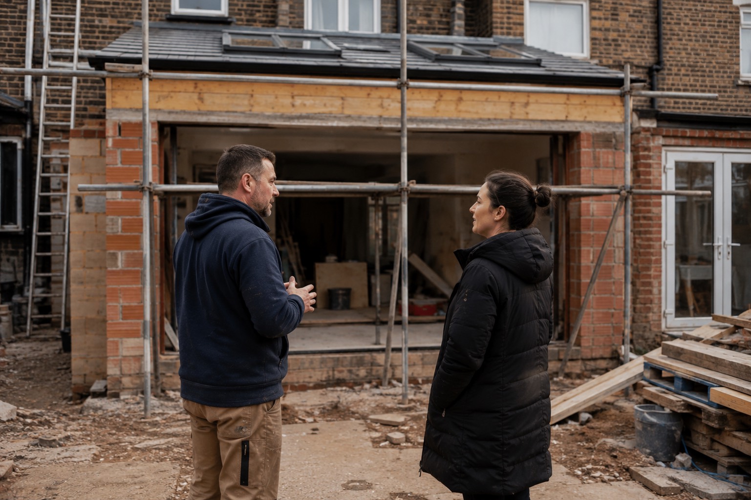 A homeowner and a builder talking through a rear extension mid-build