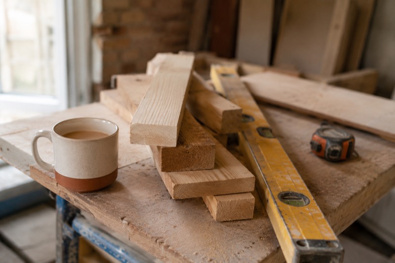 Timber and tools on a site workbench